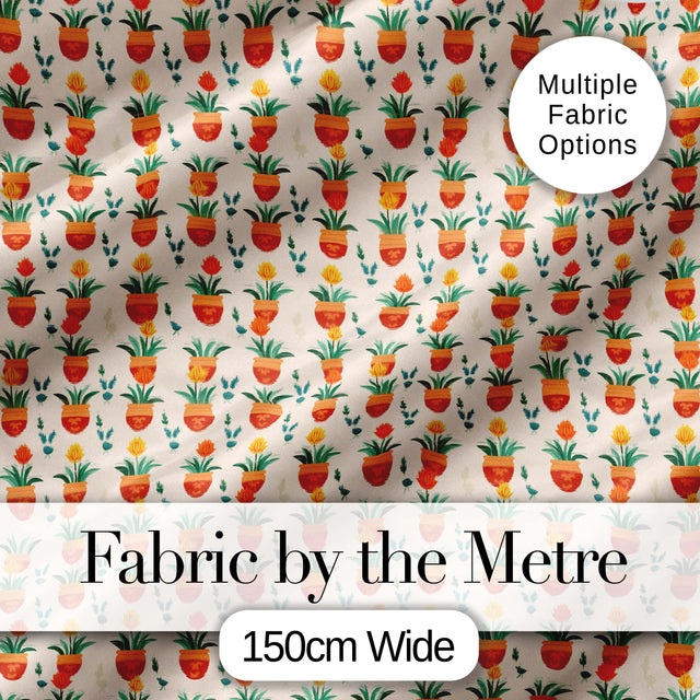 Terracotta Pots Yellow Flowers Seamless Pattern Digital Print Fabric by the Metre UK Sewing Quilting Textile