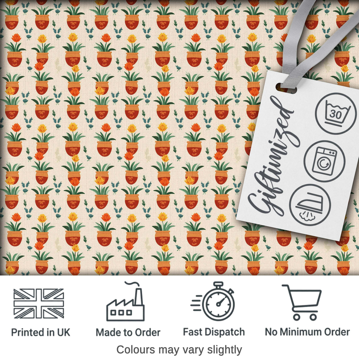 Terracotta Pots Yellow Flowers Seamless Pattern Digital Print Fabric by the Metre UK Sewing Quilting Textile