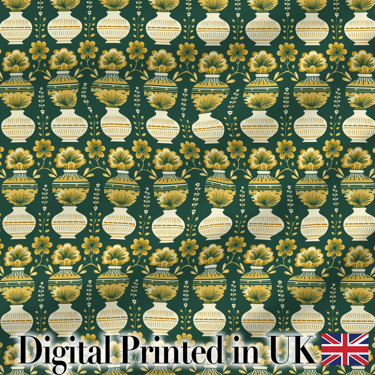 Elegant Vintage Vase Floral Green Seamless Pattern Digital Print Fabric by the Metre UK Sewing Quilting Textile
