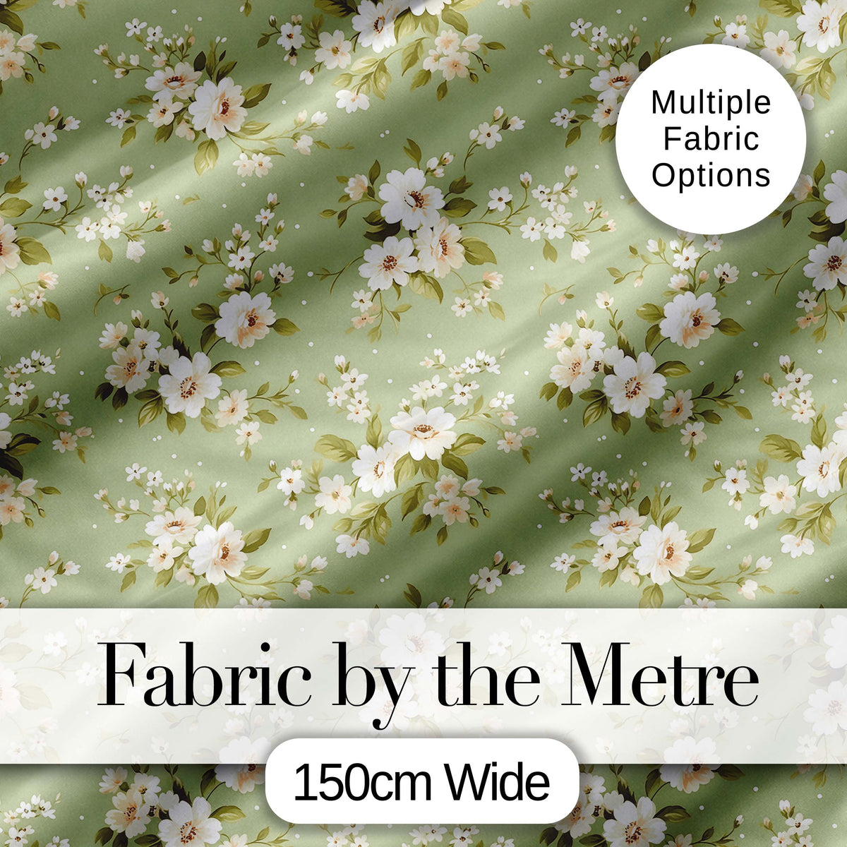 Elegant White Flowers Green Background Seamless Pattern Digital Print Fabric by the Metre UK Sewing Quilting Textile