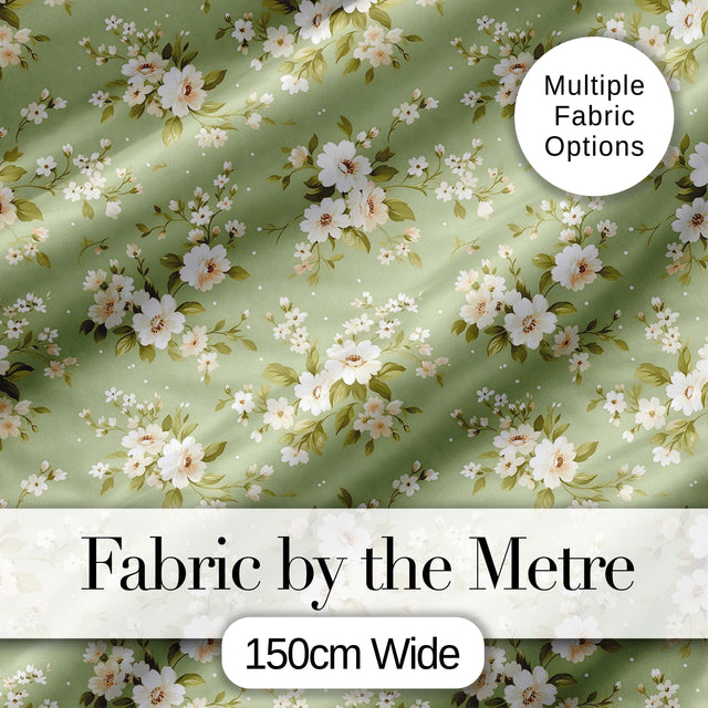 Elegant White Flowers Green Background Seamless Pattern Digital Print Fabric by the Metre UK Sewing Quilting Textile