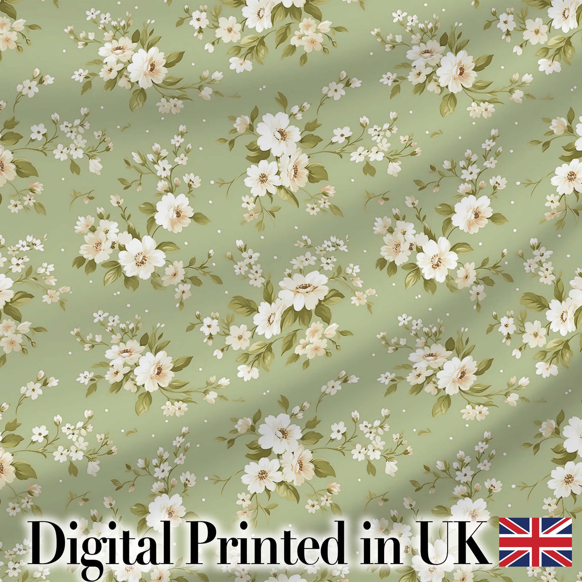 Elegant White Flowers Green Background Seamless Pattern Digital Print Fabric by the Metre UK Sewing Quilting Textile