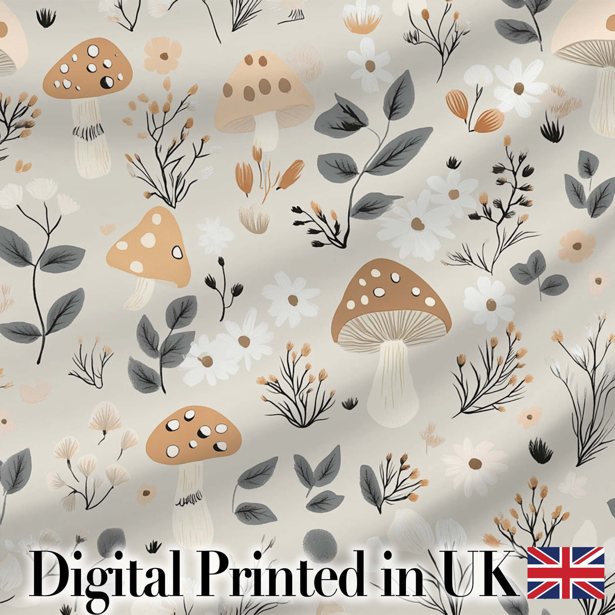 Cute Woodland Mushrooms Floral Seamless Pattern Digital Print Fabric by the Metre UK Sewing Quilting Textile