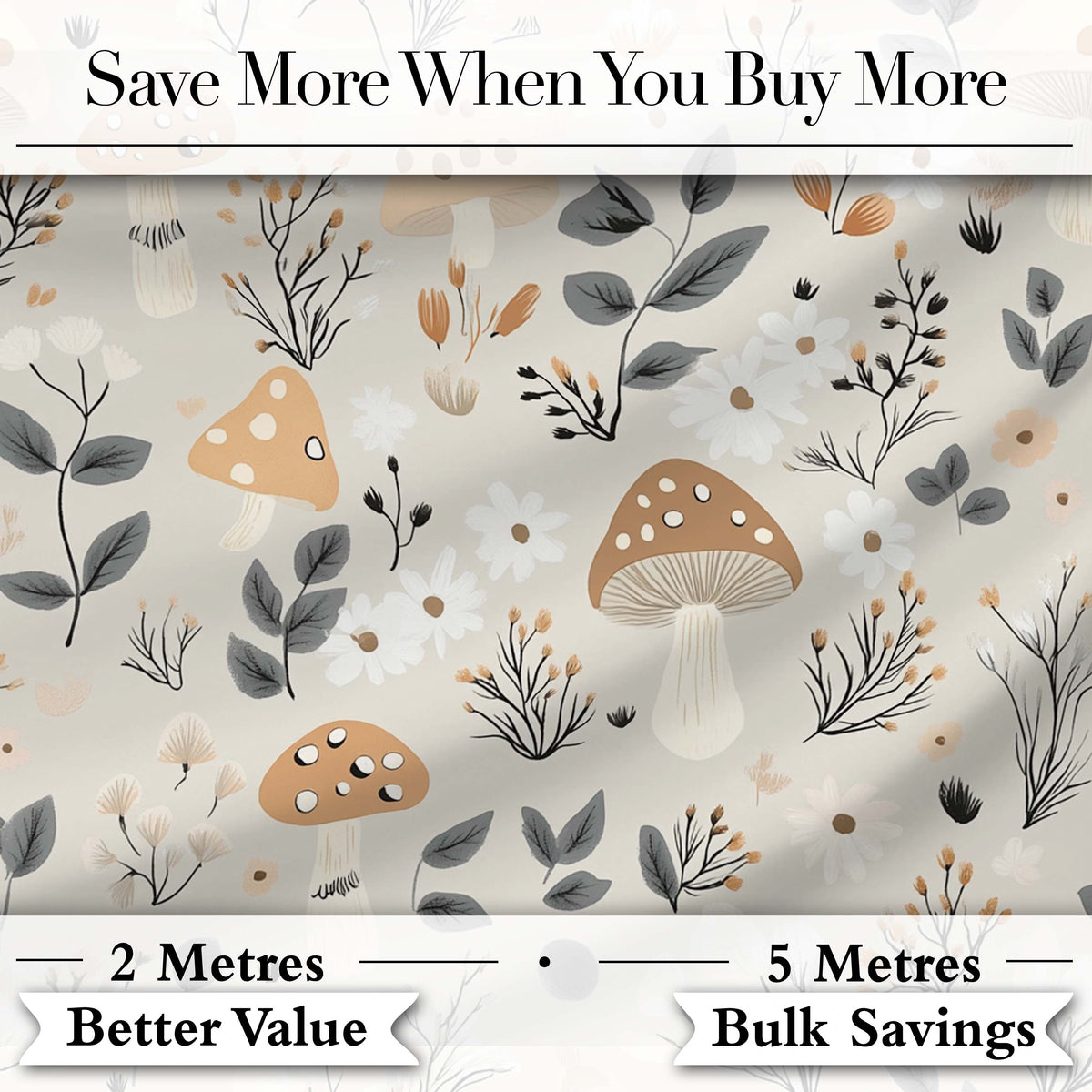 Cute Woodland Mushrooms Floral Seamless Pattern Digital Print Fabric by the Metre UK Sewing Quilting Textile