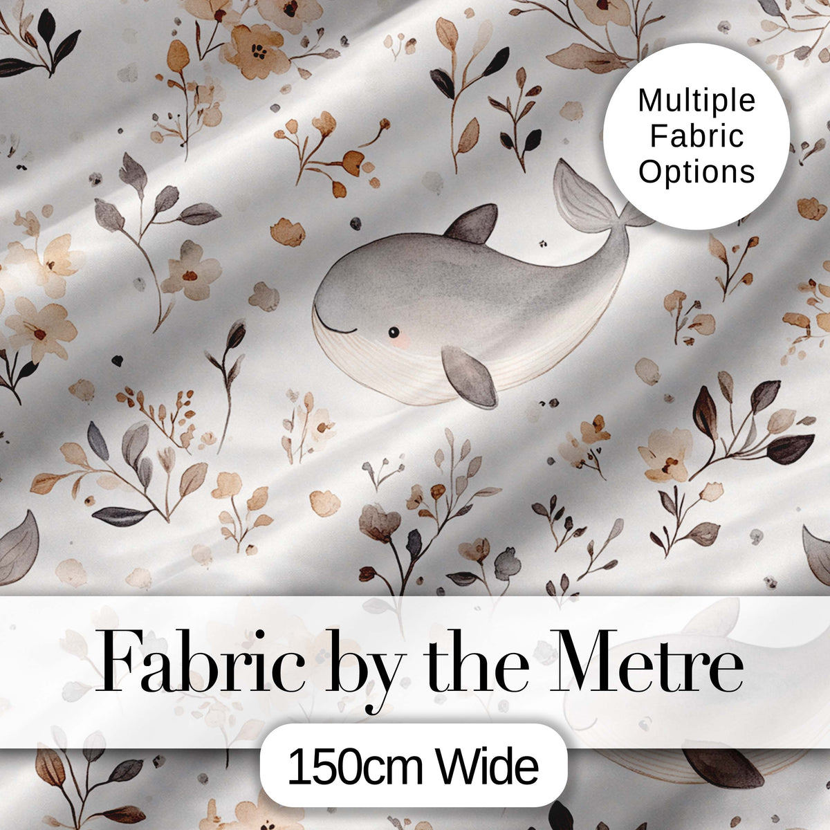 Cute Baby Whale Neutral Floral Seamless Pattern Digital Print Fabric by the Metre UK Sewing Quilting Textile