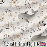 Cute Baby Whale Neutral Floral Seamless Pattern Digital Print Fabric by the Metre UK Sewing Quilting Textile