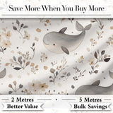 Cute Baby Whale Neutral Floral Seamless Pattern Digital Print Fabric by the Metre UK Sewing Quilting Textile