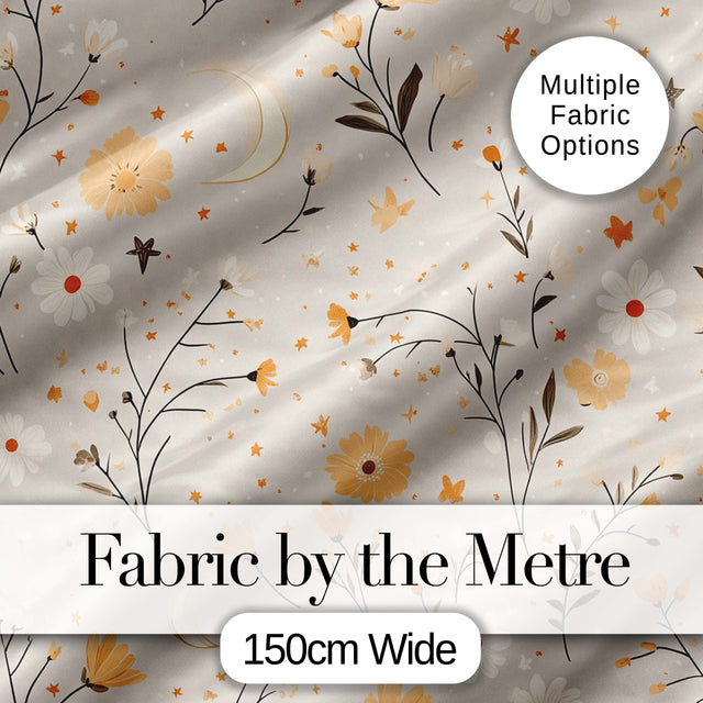 Moon Stars Floral Dreamy Seamless Pattern Digital Print Fabric by the Metre UK Sewing Quilting Textile