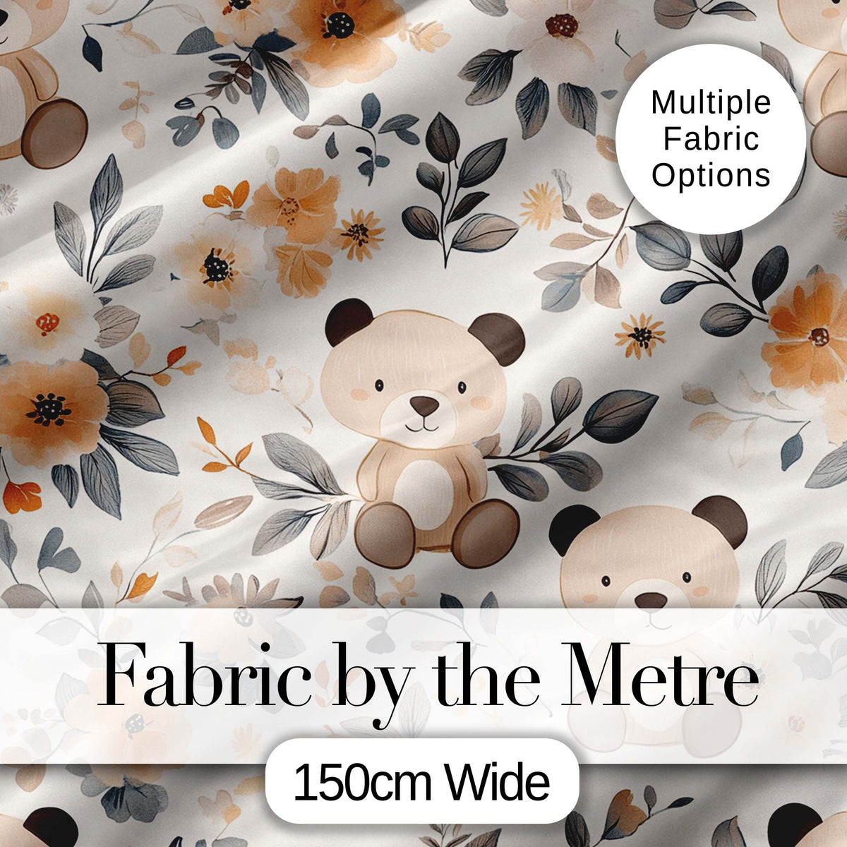 Cute Teddy Bear Floral Nursery Seamless Pattern Digital Print Fabric by the Metre UK Sewing Quilting Textile