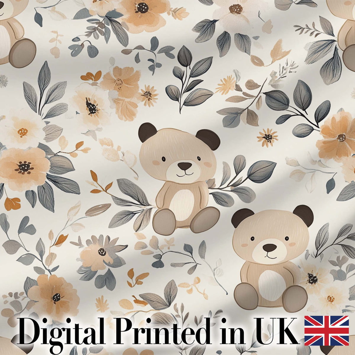 Cute Teddy Bear Floral Nursery Seamless Pattern Digital Print Fabric by the Metre UK Sewing Quilting Textile