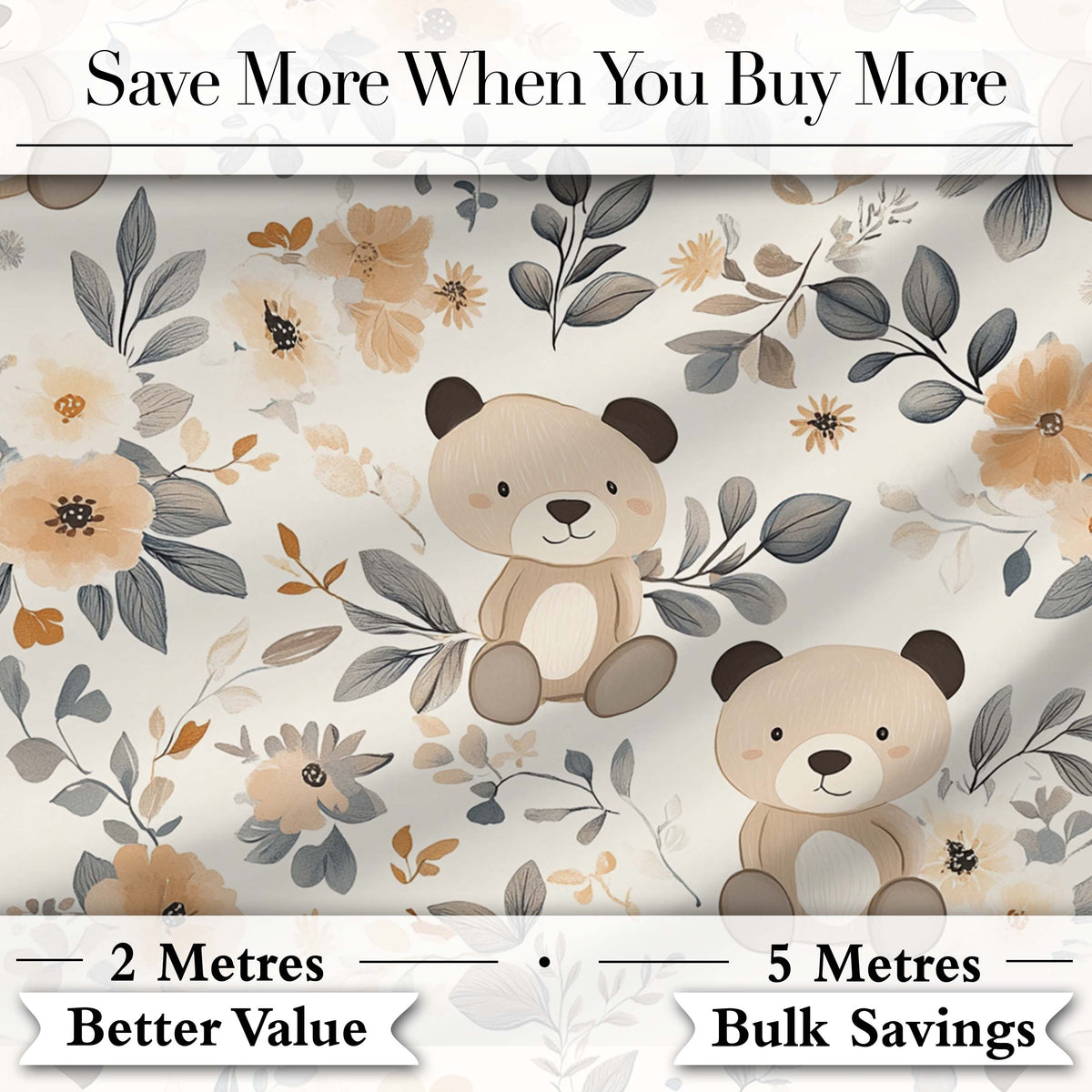 Cute Teddy Bear Floral Nursery Seamless Pattern Digital Print Fabric by the Metre UK Sewing Quilting Textile