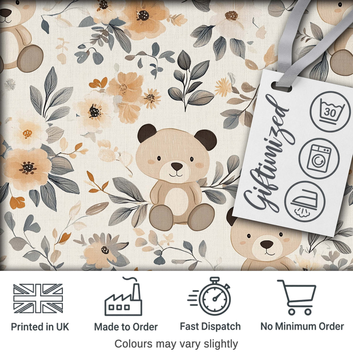 Cute Teddy Bear Floral Nursery Seamless Pattern Digital Print Fabric by the Metre UK Sewing Quilting Textile