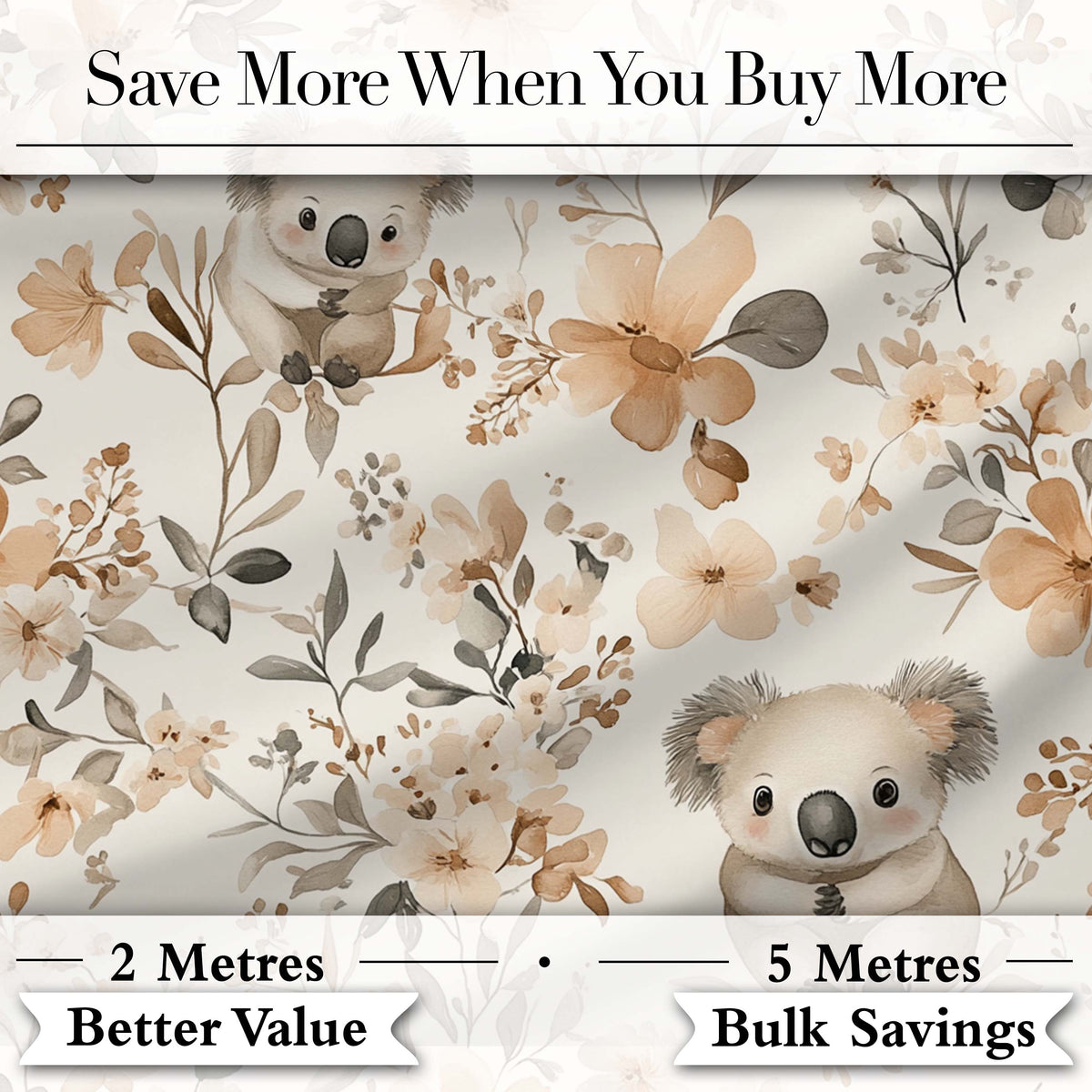 Cute Koala Floral Nursery Soft Neutral Seamless Pattern Digital Print Fabric by the Metre UK Sewing Quilting Textile