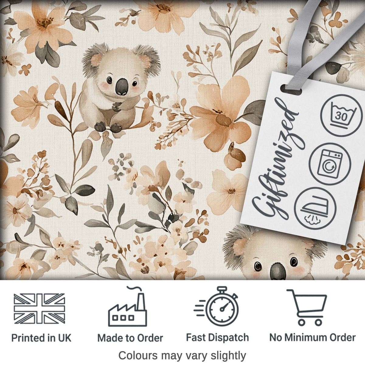 Cute Koala Floral Nursery Soft Neutral Seamless Pattern Digital Print Fabric by the Metre UK Sewing Quilting Textile