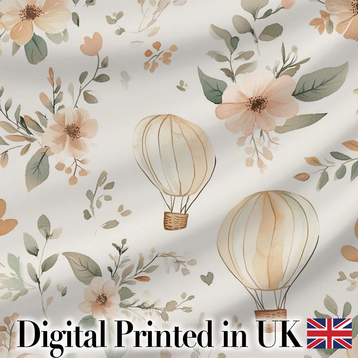 Boho Hot Air Balloon Floral Neutral Seamless Pattern Digital Print Fabric by the Metre UK Sewing Quilting Textile