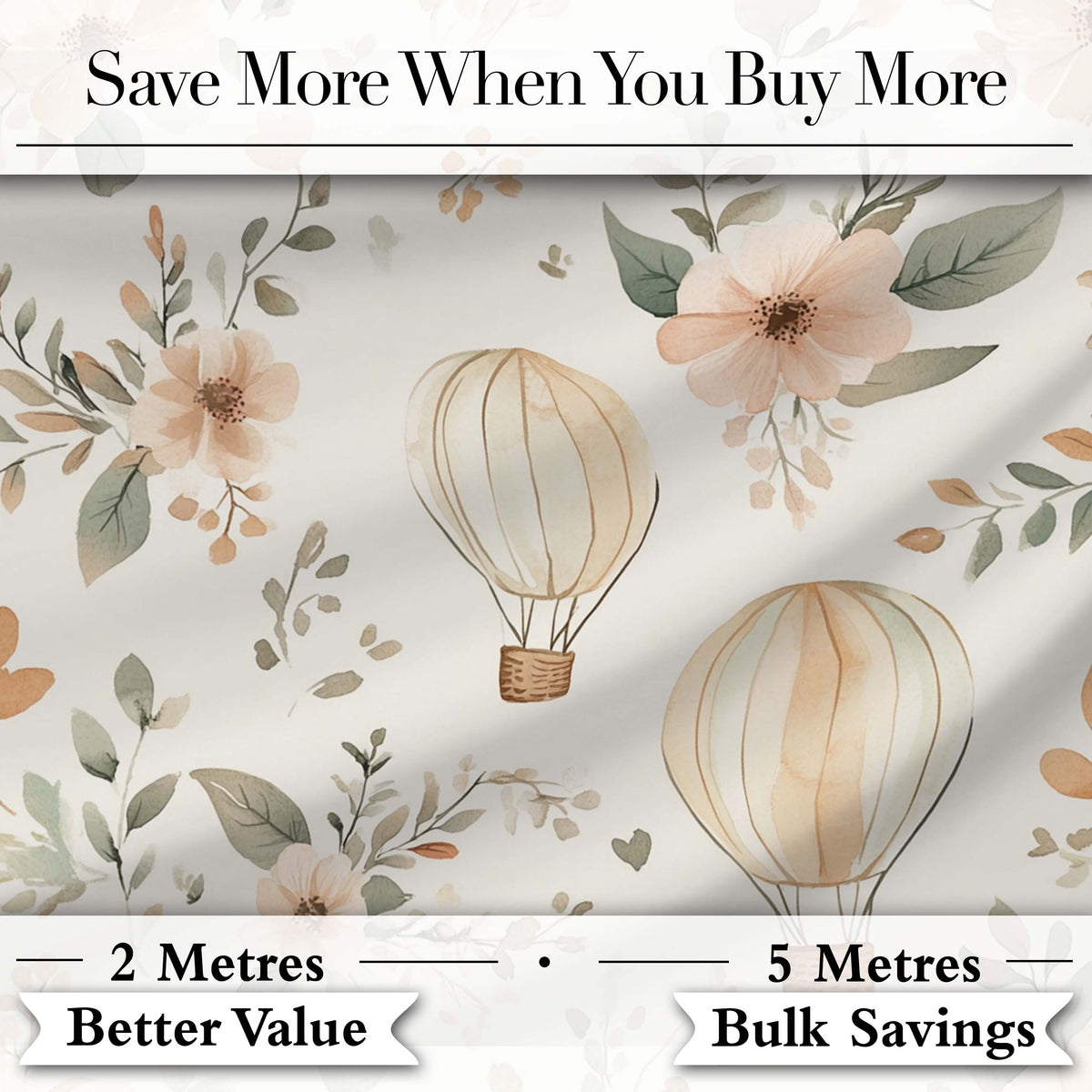 Boho Hot Air Balloon Floral Neutral Seamless Pattern Digital Print Fabric by the Metre UK Sewing Quilting Textile