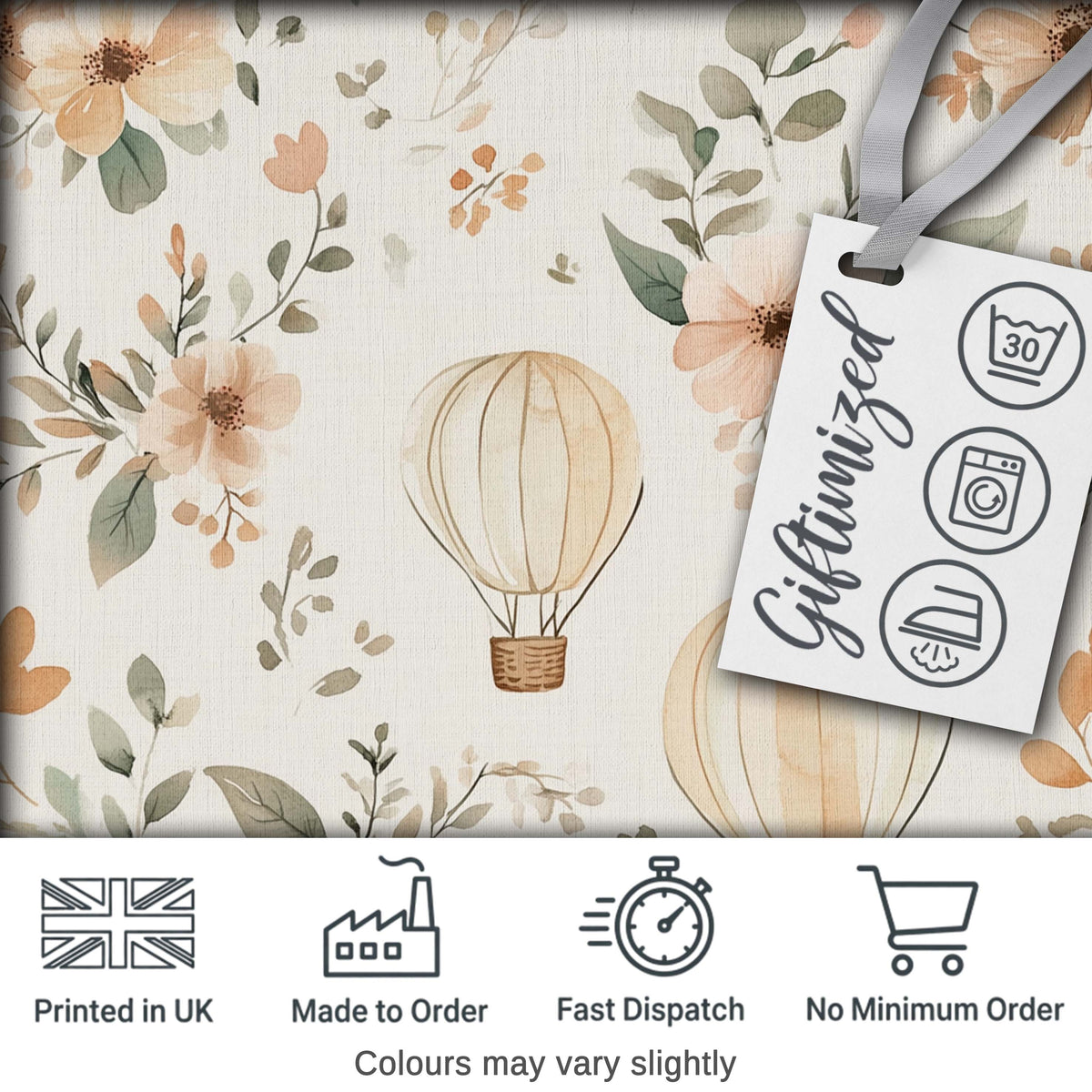 Boho Hot Air Balloon Floral Neutral Seamless Pattern Digital Print Fabric by the Metre UK Sewing Quilting Textile