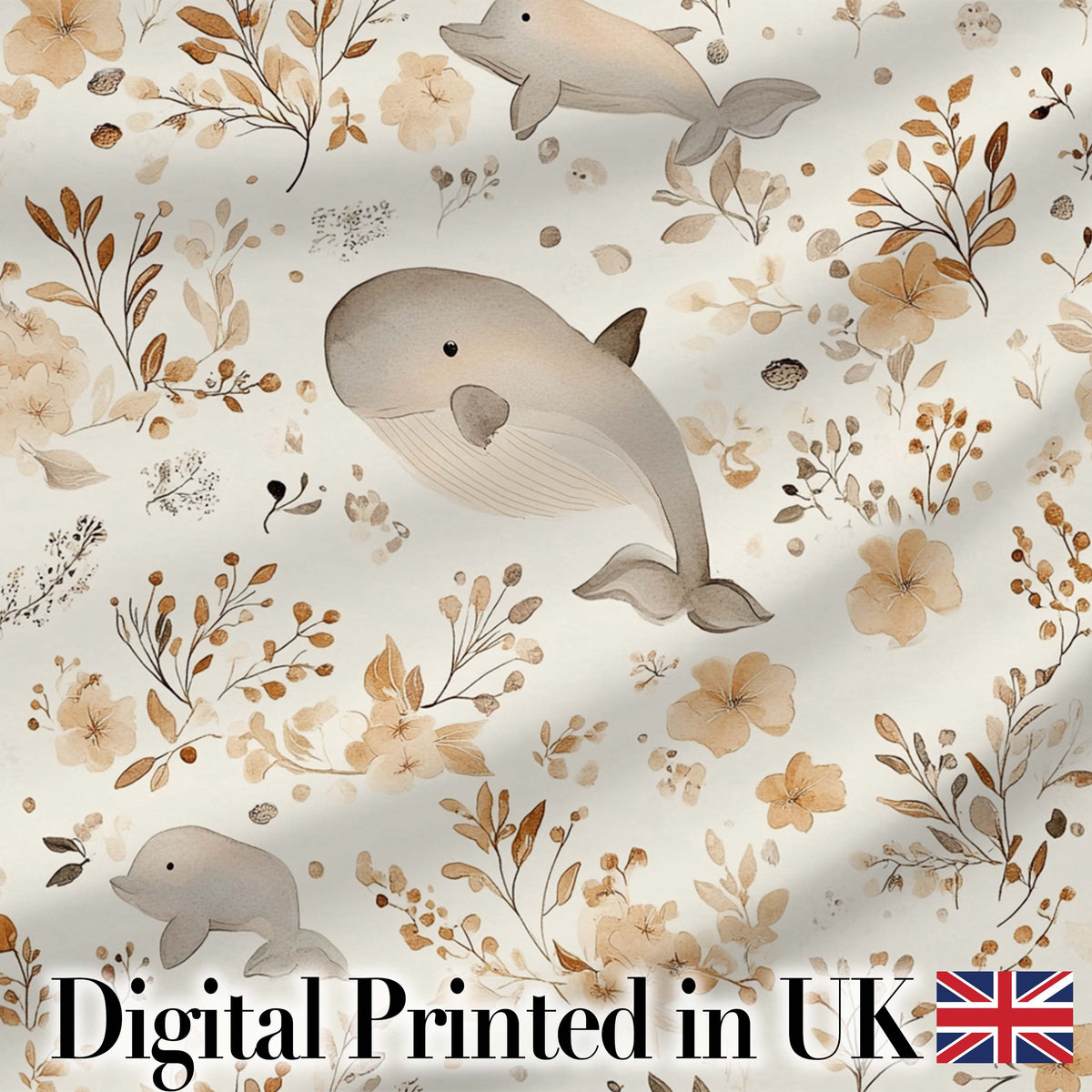 Cute Whale Dolphin Floral Neutral Seamless Pattern Digital Print Fabric by the Metre UK Sewing Quilting Textile