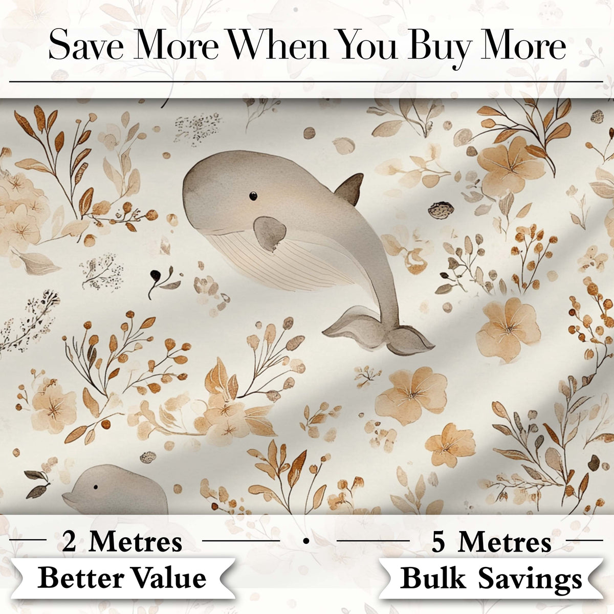 Cute Whale Dolphin Floral Neutral Seamless Pattern Digital Print Fabric by the Metre UK Sewing Quilting Textile