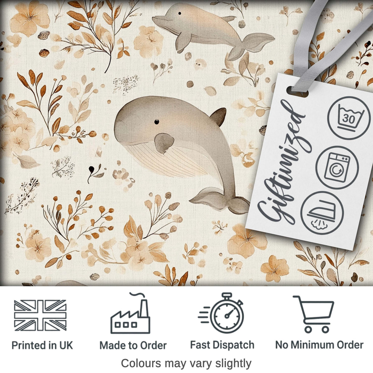 Cute Whale Dolphin Floral Neutral Seamless Pattern Digital Print Fabric by the Metre UK Sewing Quilting Textile
