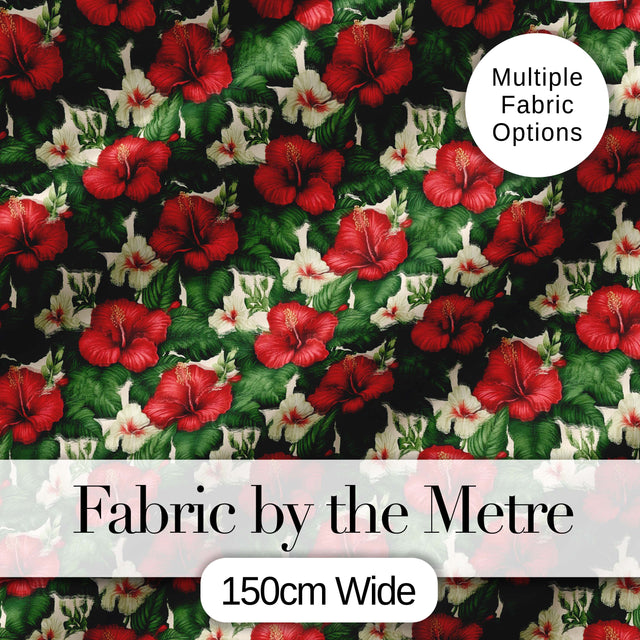 Tropical Hibiscus White Red Botanical Seamless Pattern Digital Print Fabric by the Metre UK Sewing Quilting Textile