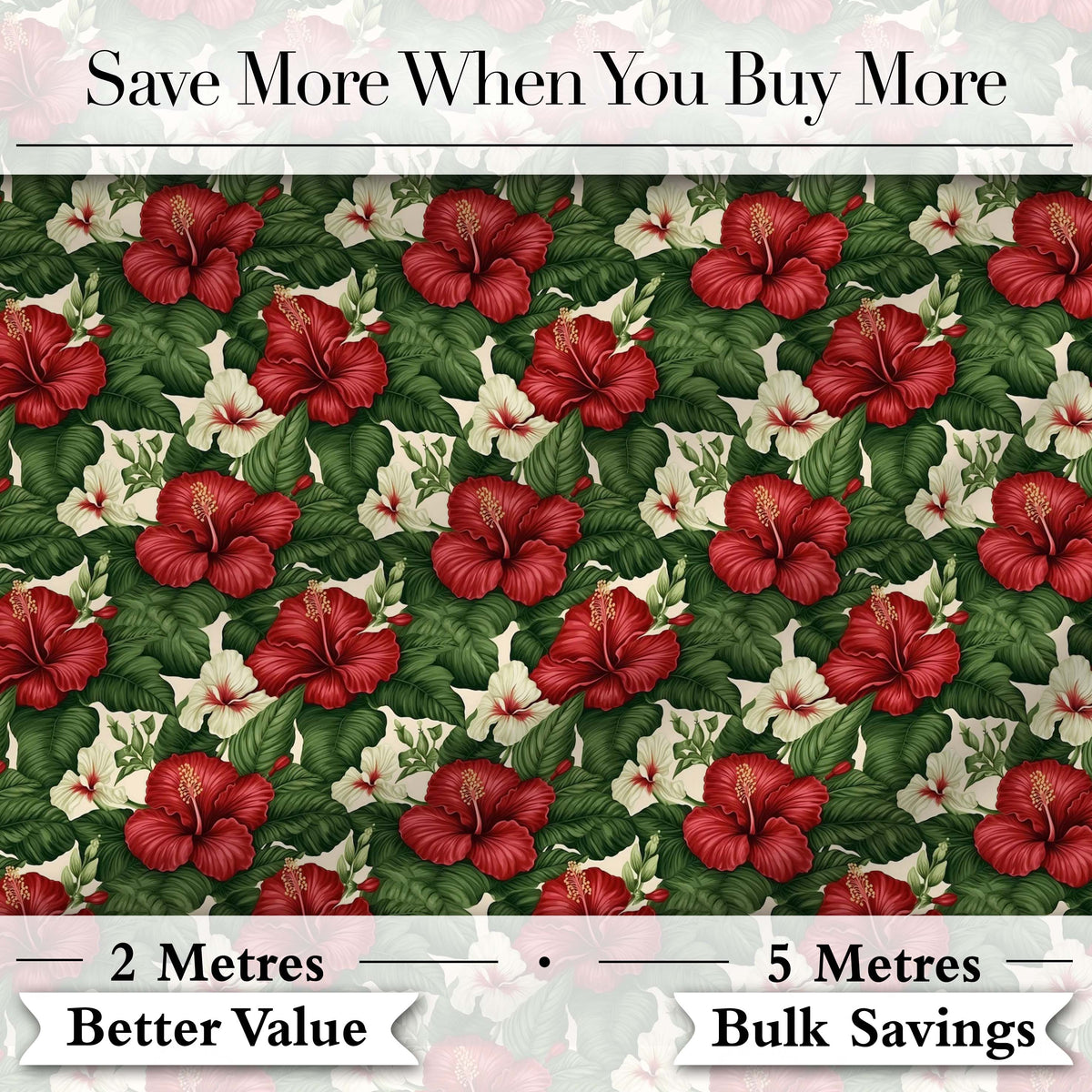 Tropical Hibiscus White Red Botanical Seamless Pattern Digital Print Fabric by the Metre UK Sewing Quilting Textile