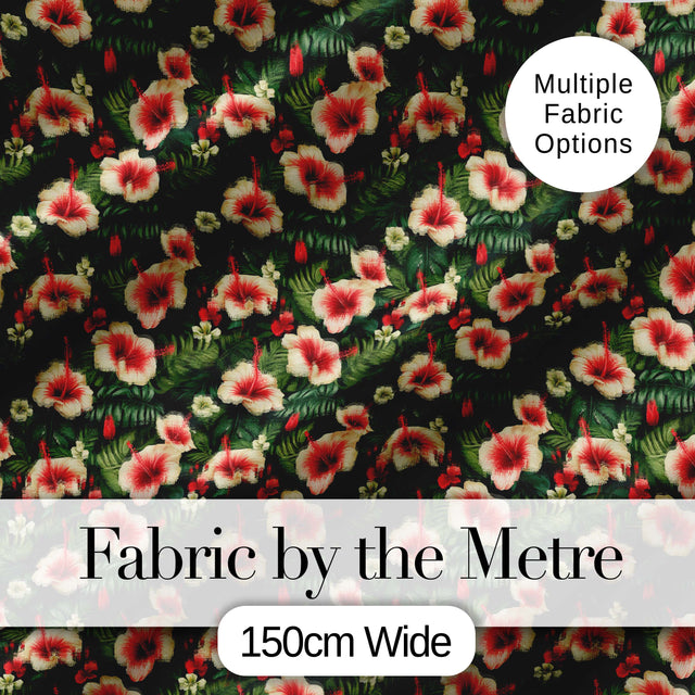 Tropical Hibiscus Cream Red Jungle Seamless Pattern Digital Print Fabric by the Metre UK Sewing Quilting Textile