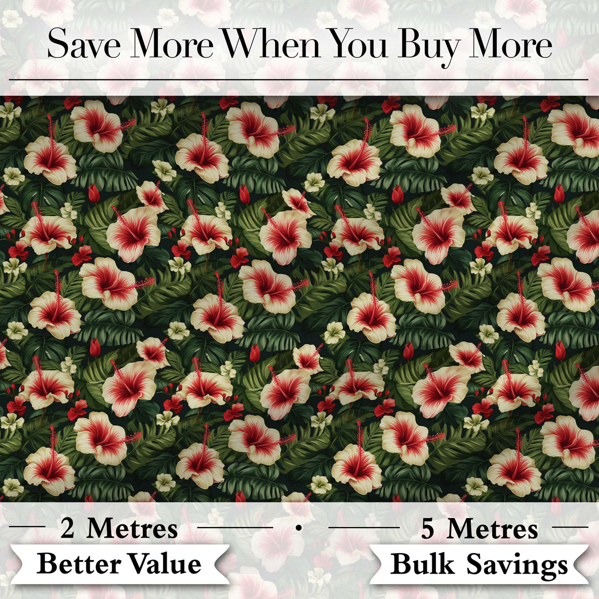 Tropical Hibiscus Cream Red Jungle Seamless Pattern Digital Print Fabric by the Metre UK Sewing Quilting Textile