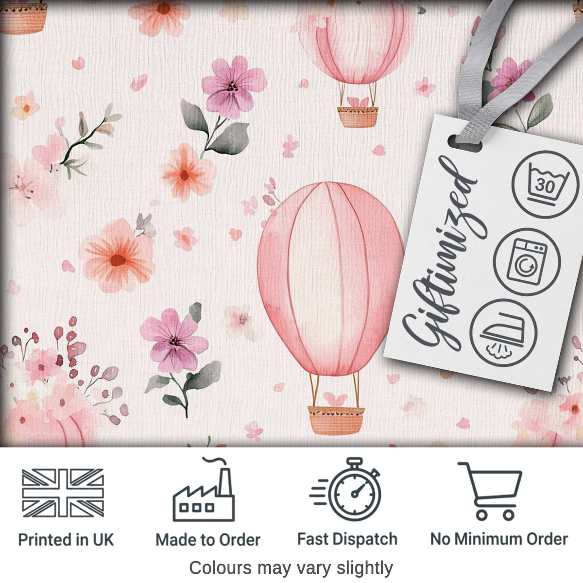 Soft Pink Floral Hot Air Balloon Watercolor Seamless Pattern Digital Print Fabric by the Metre UK Sewing Quilting Textile