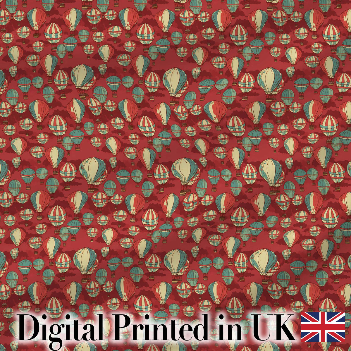 Retro Hot Air Balloon Red Sky Vintage Seamless Pattern Digital Print Fabric by the Metre UK Sewing Quilting Textile