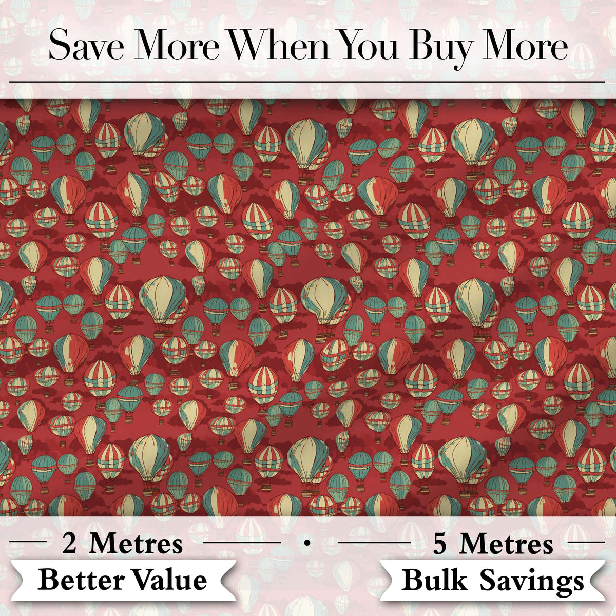 Retro Hot Air Balloon Red Sky Vintage Seamless Pattern Digital Print Fabric by the Metre UK Sewing Quilting Textile
