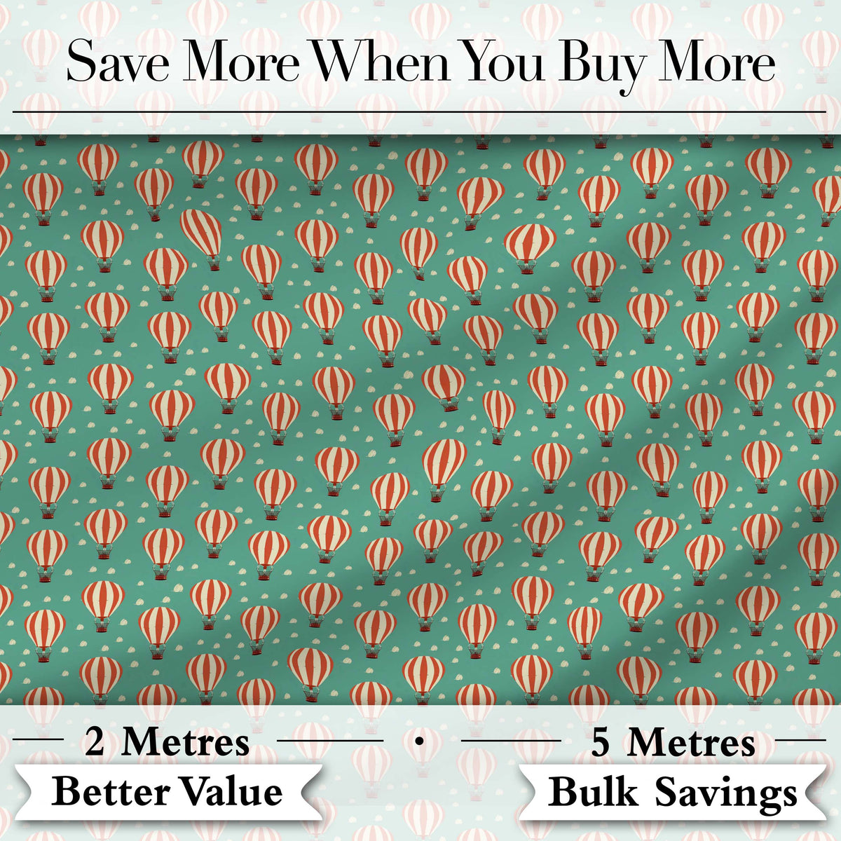 Cute Striped Hot Air Balloon Blue Sky Seamless Pattern Digital Print Fabric by the Metre UK Sewing Quilting Textile