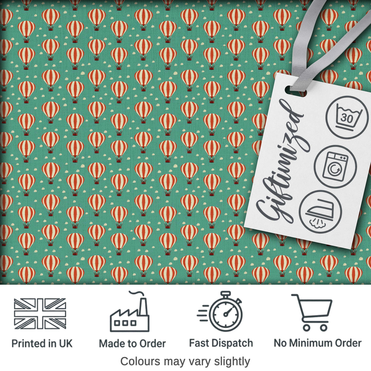 Cute Striped Hot Air Balloon Blue Sky Seamless Pattern Digital Print Fabric by the Metre UK Sewing Quilting Textile