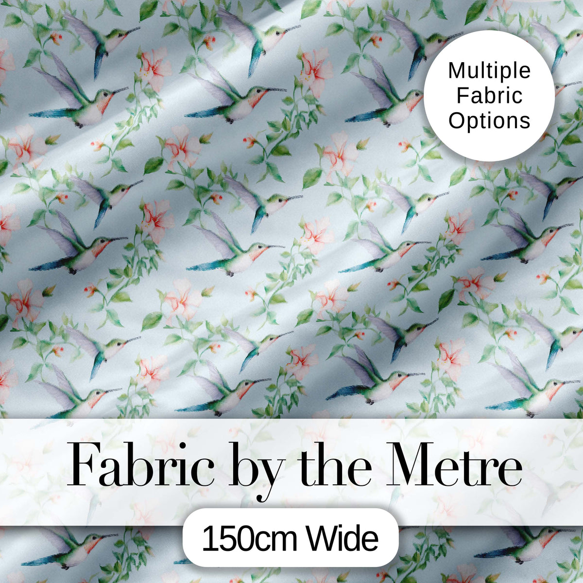 Delicate Hummingbird Floral Soft Blue Seamless Pattern Digital Print Fabric by the Metre UK Sewing Quilting Textile