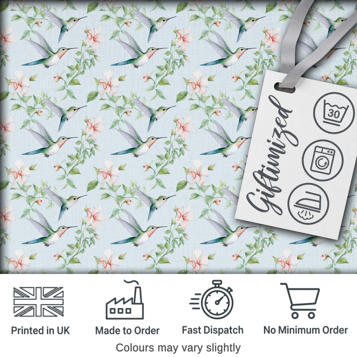 Delicate Hummingbird Floral Soft Blue Seamless Pattern Digital Print Fabric by the Metre UK Sewing Quilting Textile