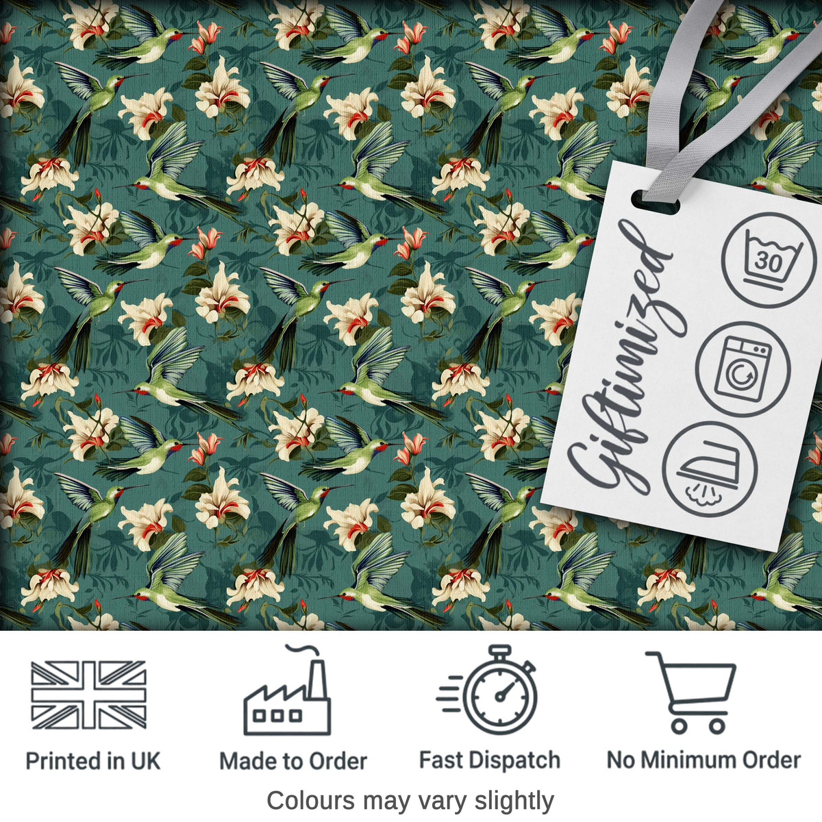 Vintage Hummingbird Lily Floral Dark Green Seamless Pattern Digital Print Fabric by the Metre UK Sewing Quilting Textile