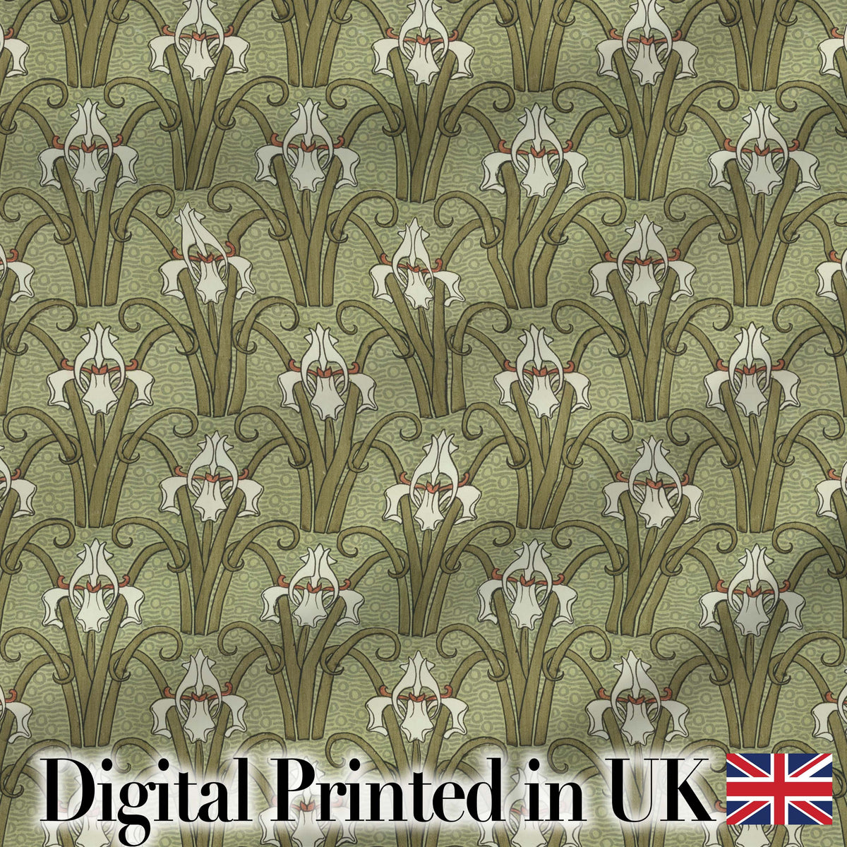 Vintage Lily Floral Green Art Nouveau Seamless Pattern Digital Print Fabric by the Metre UK Sewing Quilting Textile