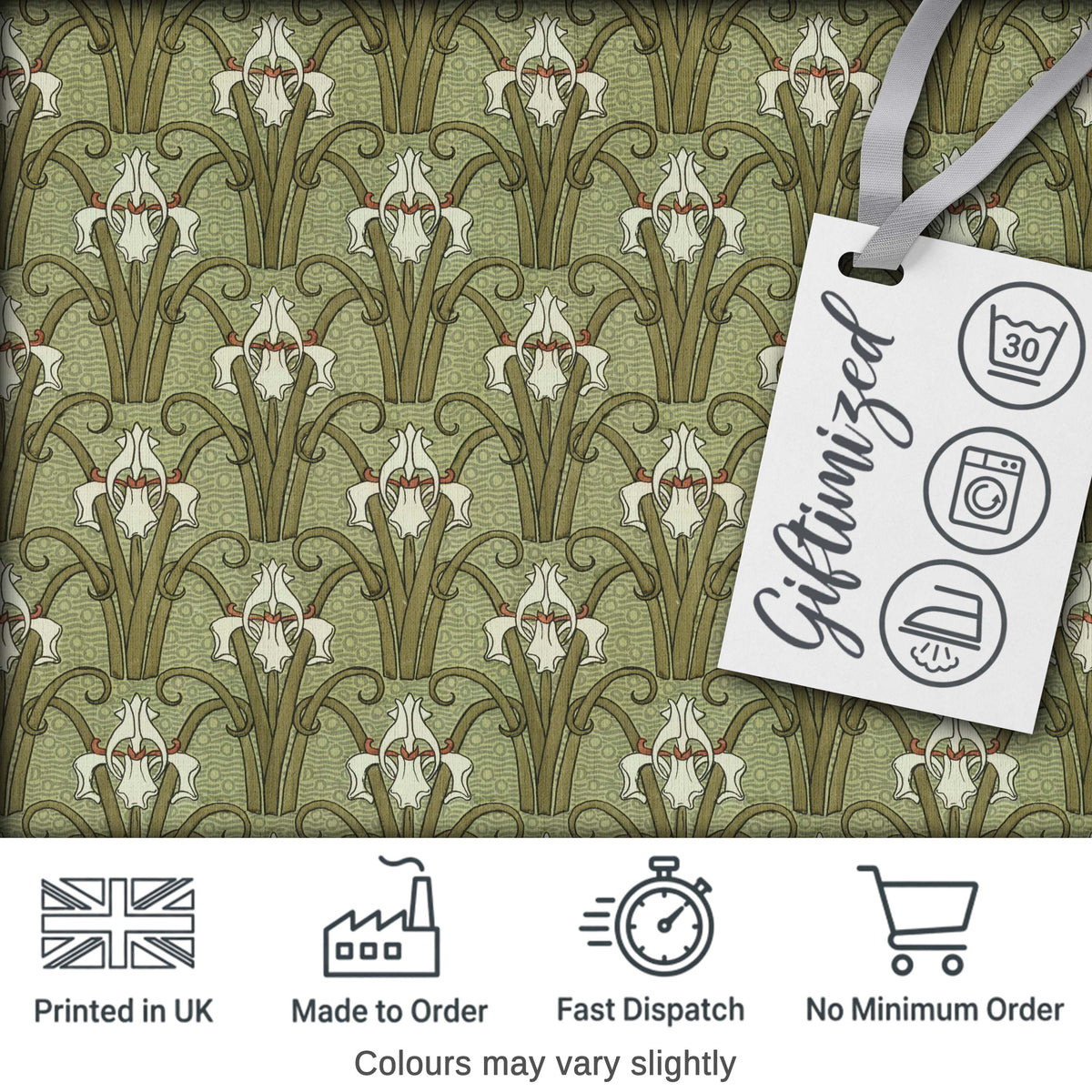 Vintage Lily Floral Green Art Nouveau Seamless Pattern Digital Print Fabric by the Metre UK Sewing Quilting Textile