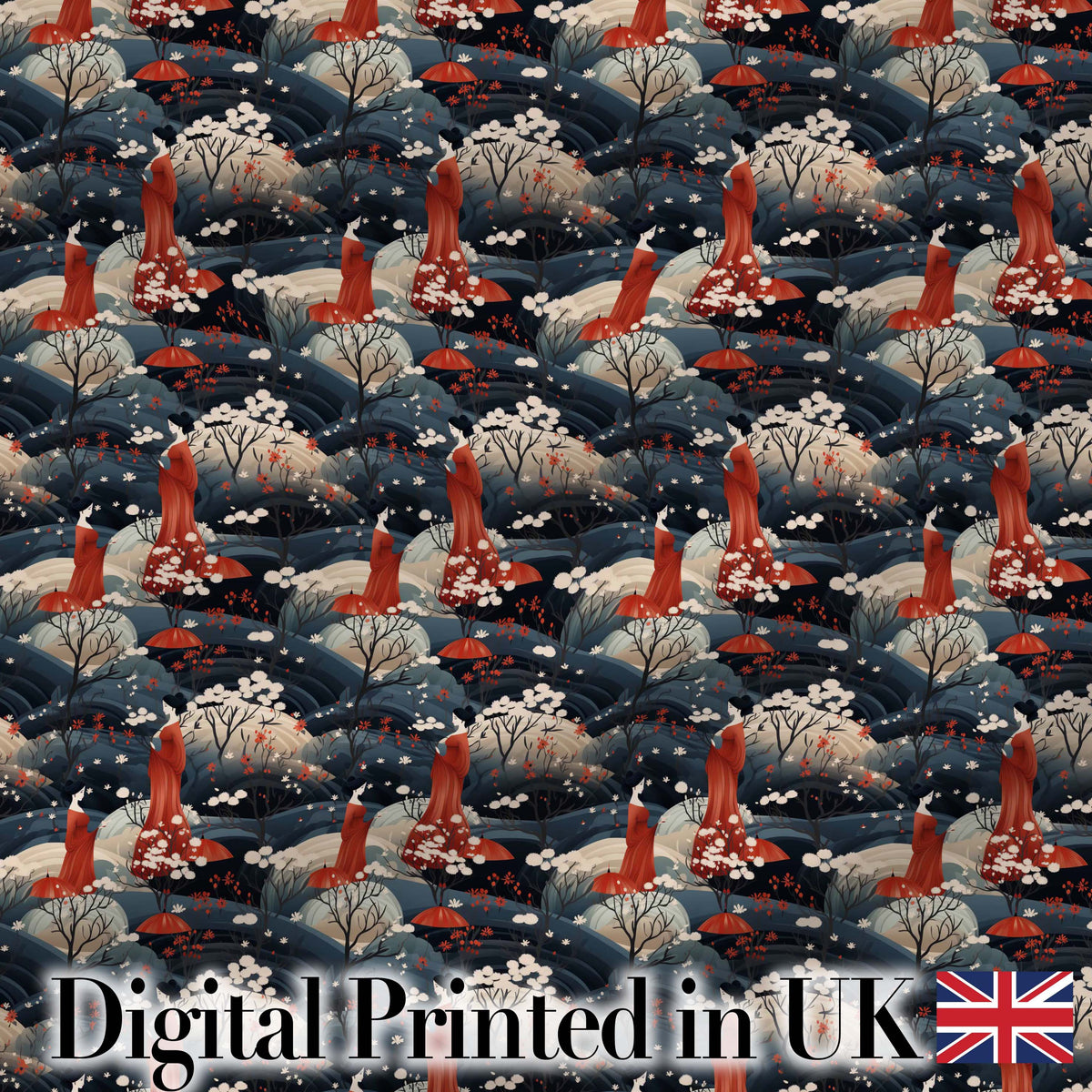 Japanese Geisha Red Kimono Floral Landscape Seamless Pattern Digital Print Fabric by the Metre UK Sewing Quilting Textile