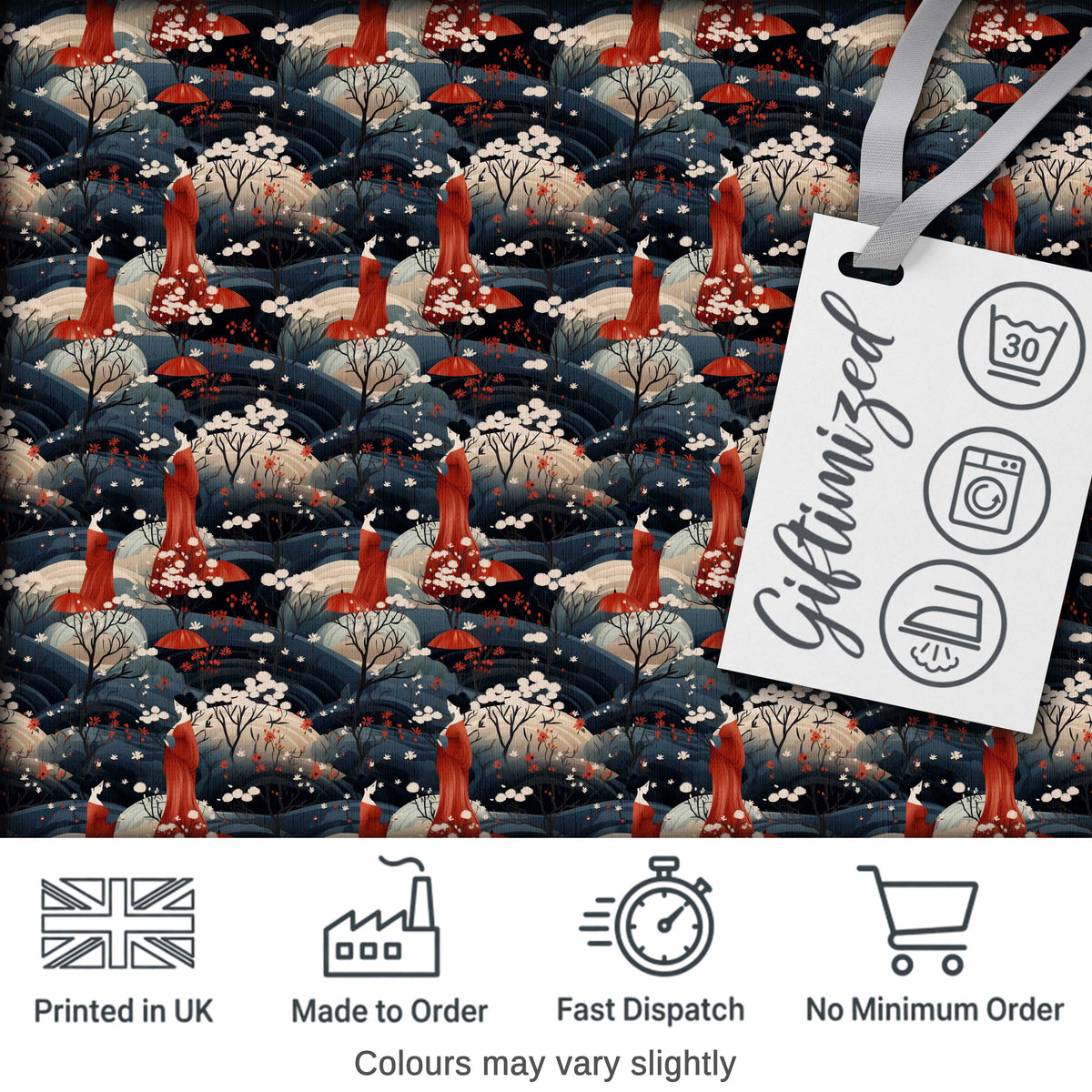 Japanese Geisha Red Kimono Floral Landscape Seamless Pattern Digital Print Fabric by the Metre UK Sewing Quilting Textile