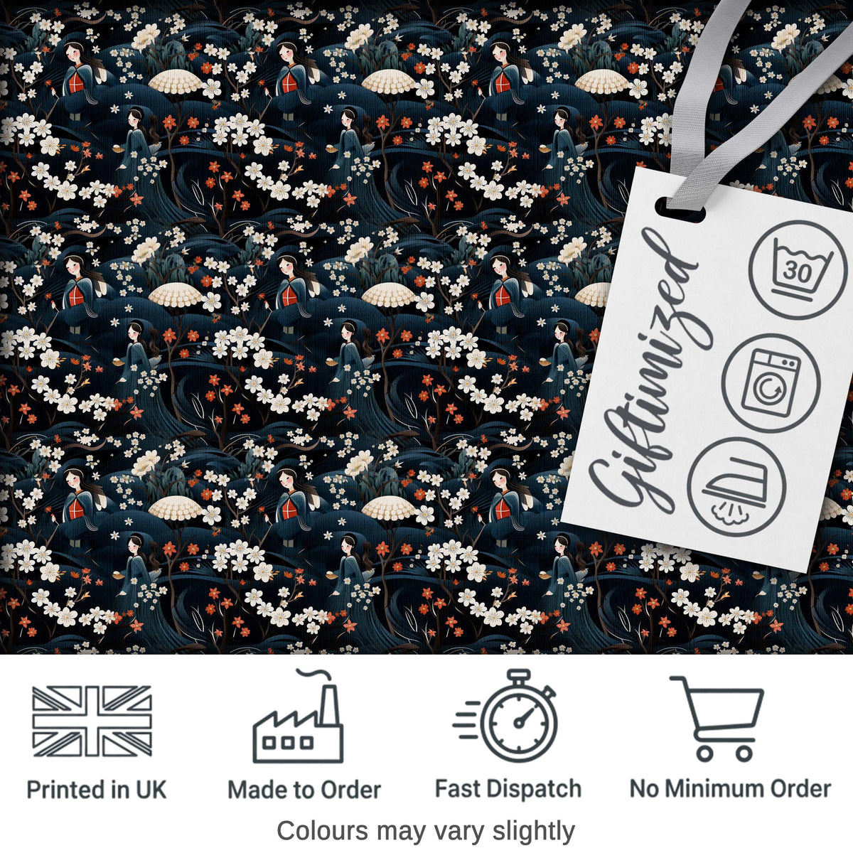 Elegant Japanese Women Floral Night Garden Seamless Pattern Digital Print Fabric by the Metre UK Sewing Quilting Textile