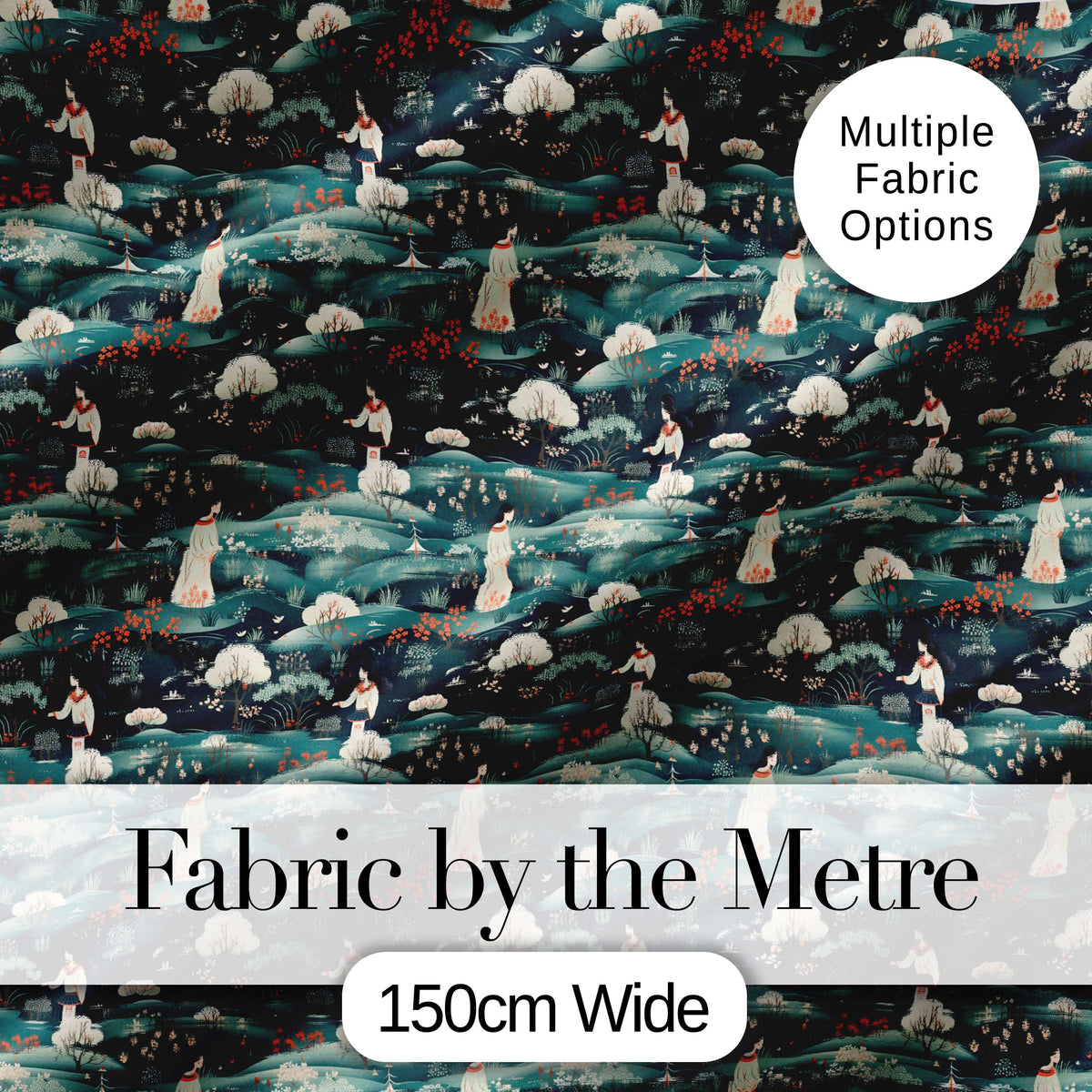 Traditional Asian Women Scenic Floral Landscape Seamless Pattern Digital Print Fabric by the Metre UK Sewing Quilting Textile