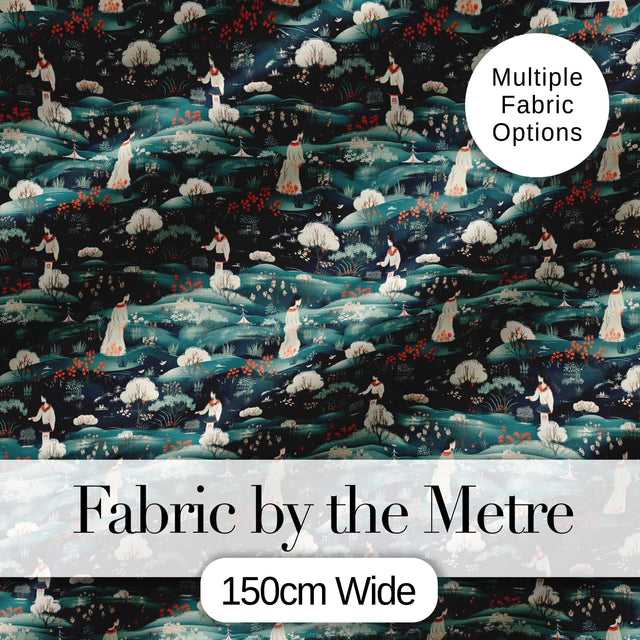 Traditional Asian Women Scenic Floral Landscape Seamless Pattern Digital Print Fabric by the Metre UK Sewing Quilting Textile