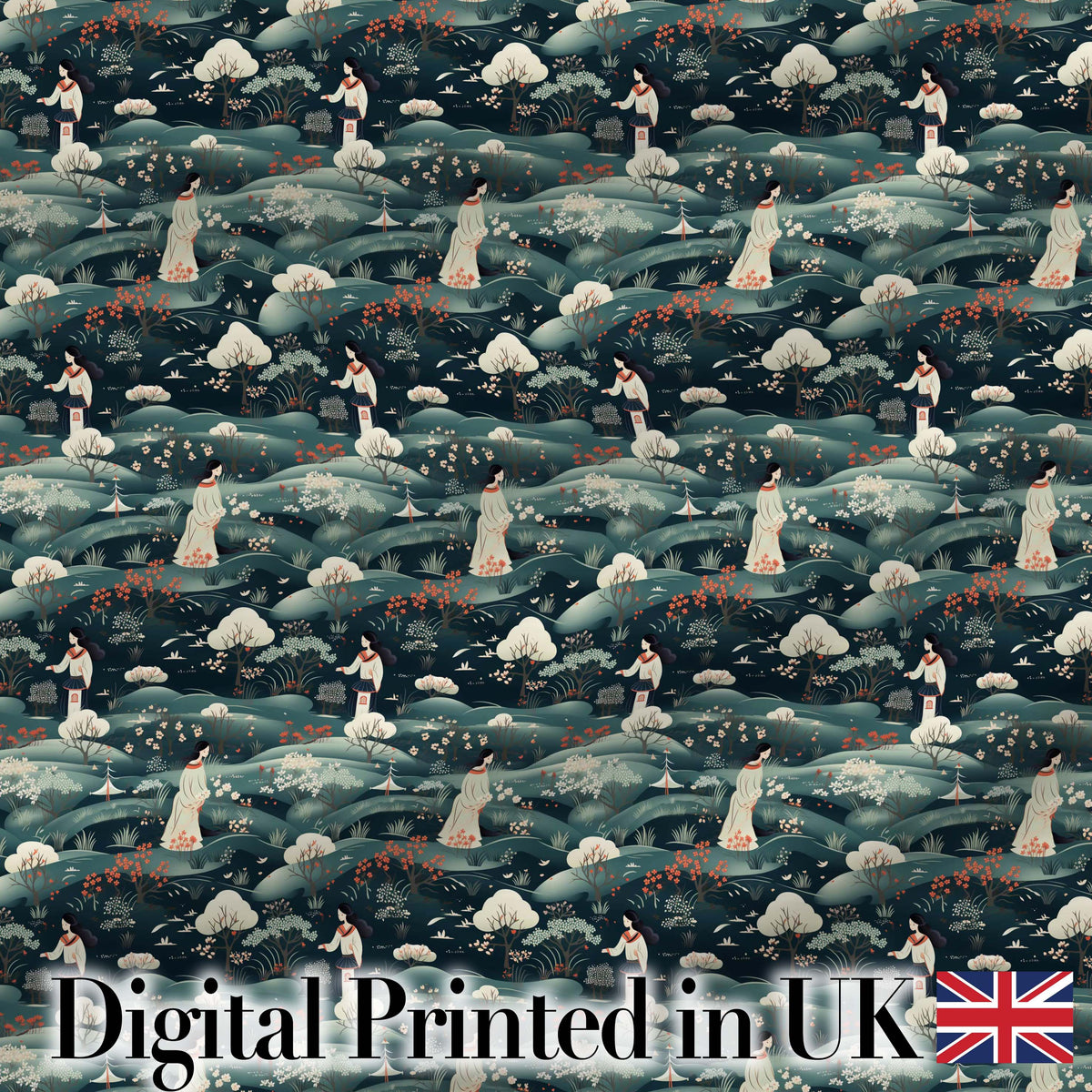 Traditional Asian Women Scenic Floral Landscape Seamless Pattern Digital Print Fabric by the Metre UK Sewing Quilting Textile