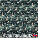 Traditional Asian Women Scenic Floral Landscape Seamless Pattern Digital Print Fabric by the Metre UK Sewing Quilting Textile
