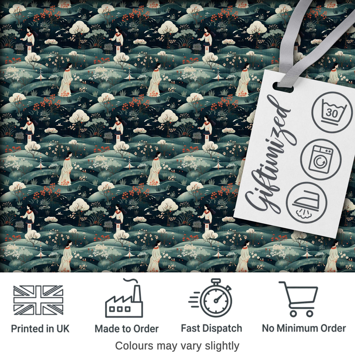 Traditional Asian Women Scenic Floral Landscape Seamless Pattern Digital Print Fabric by the Metre UK Sewing Quilting Textile