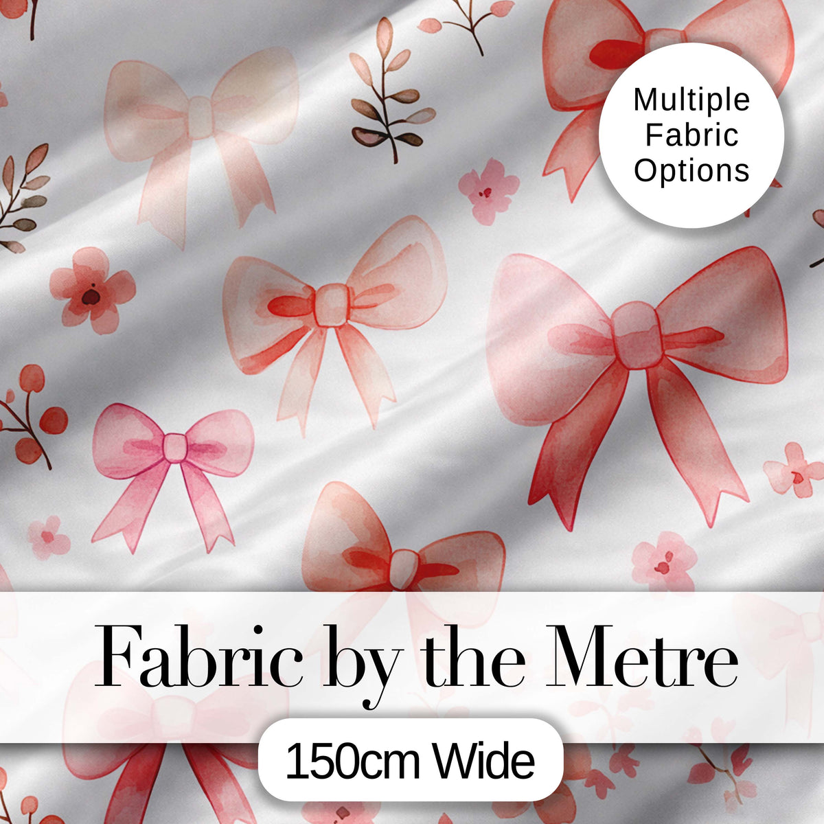 Watercolor Pink Bow Ribbon Cute Floral Seamless Pattern Digital Print Fabric by the Metre UK Sewing Quilting Textile