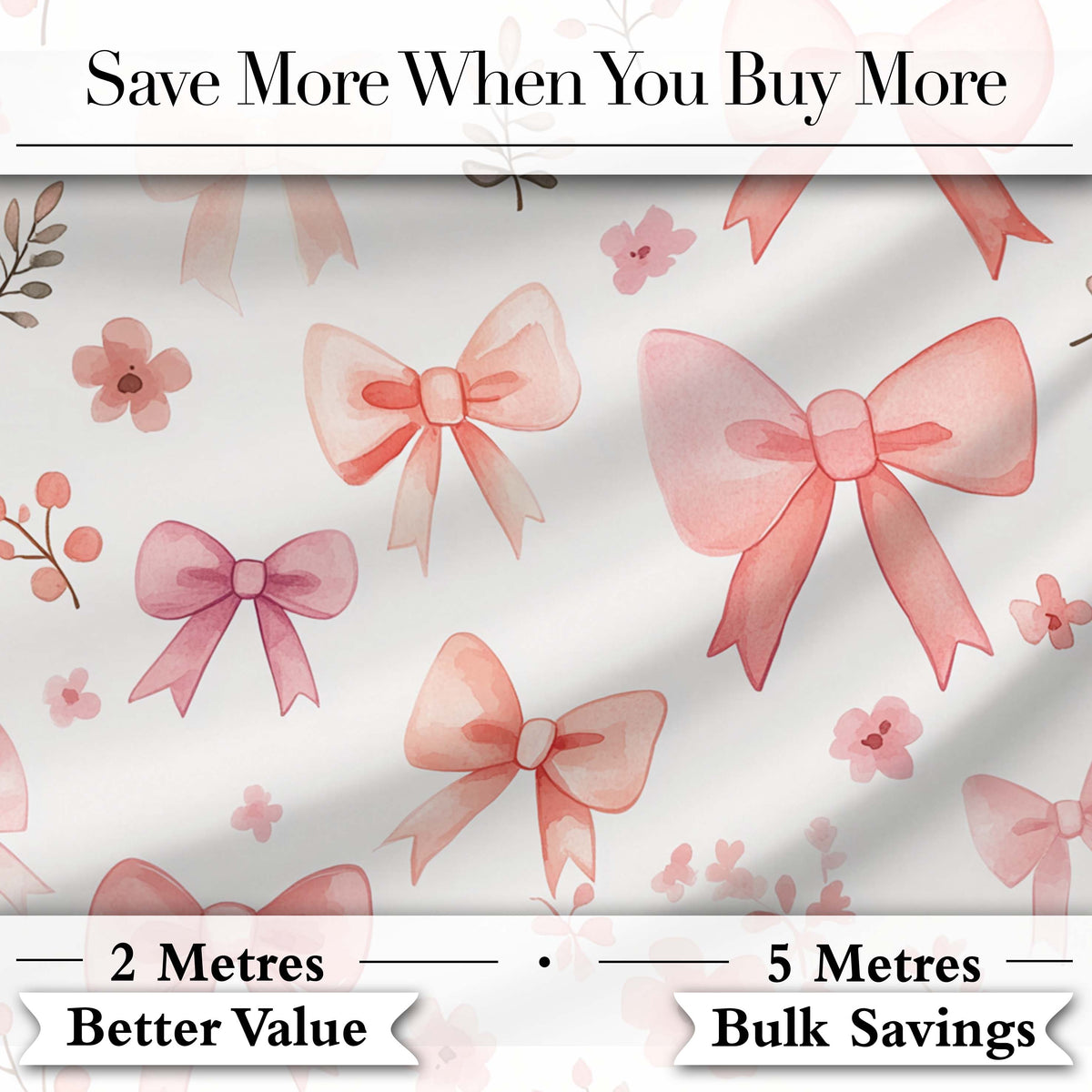 Watercolor Pink Bow Ribbon Cute Floral Seamless Pattern Digital Print Fabric by the Metre UK Sewing Quilting Textile