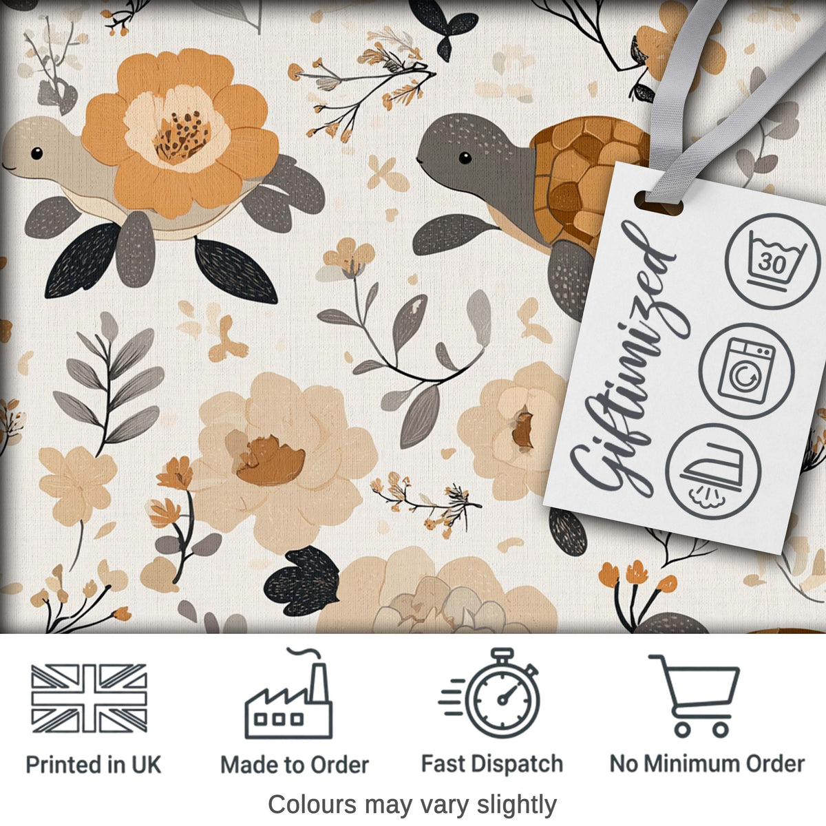 Cute Turtle Floral Neutral Boho Seamless Pattern Digital Print Fabric by the Metre UK Sewing Quilting Textile