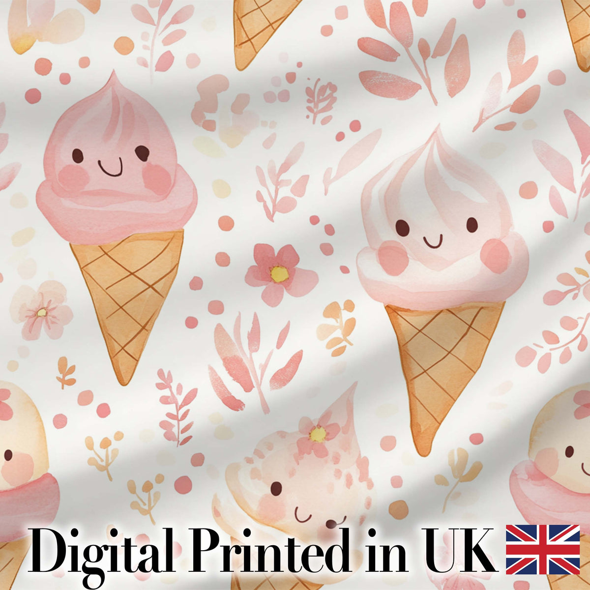 Cute Kawaii Ice Cream Floral Sweet Seamless Pattern Digital Print Fabric by the Metre UK Sewing Quilting Textile